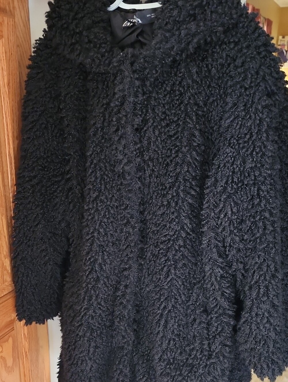 Zara Black Teddy Faux Fur Shearling Coat Sz L w/ Hood And Pockets